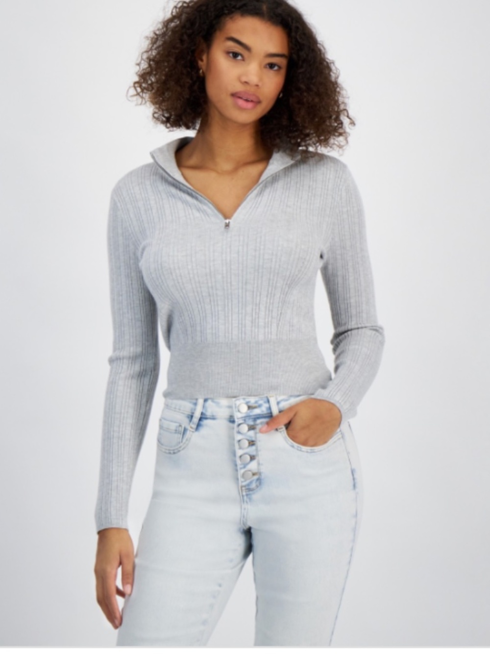 Hooked up by Iot Juniors' Quarter-Zip Mock-Neck Sweater - Lt Heather Grey SIZE L